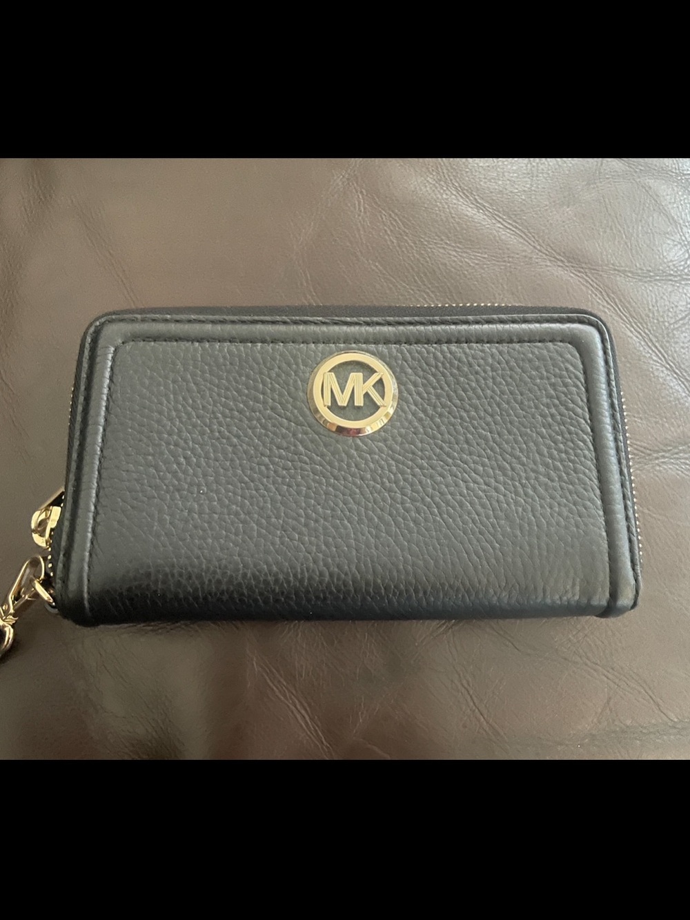 Michael Kors Black Leather Zip-Around Wallet with Gold MK Emblem